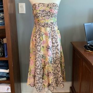 Nanette Lepore Strapless Floral Print Dress in Pastel Pink, Lime & Black